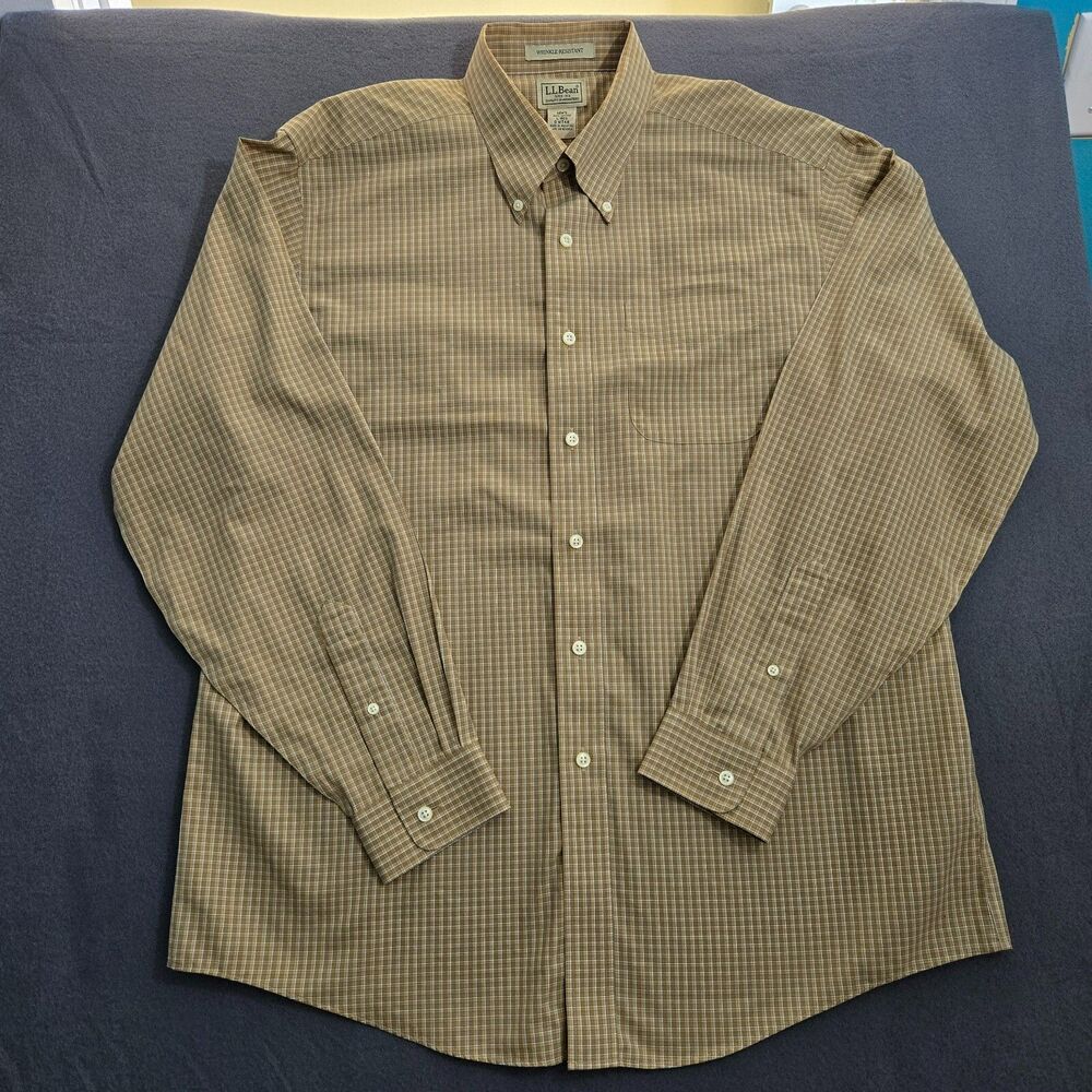 L.L. Bean Traditional Fit Button-Up Shirt Men Size L-REG Brown Check Cotton